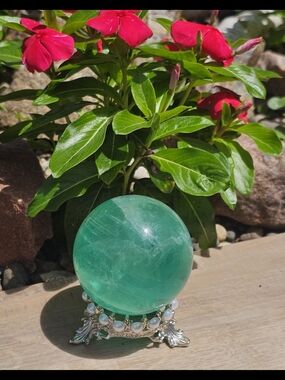 Green Fluorite Crystal Sphere on Decorative Silver Stand